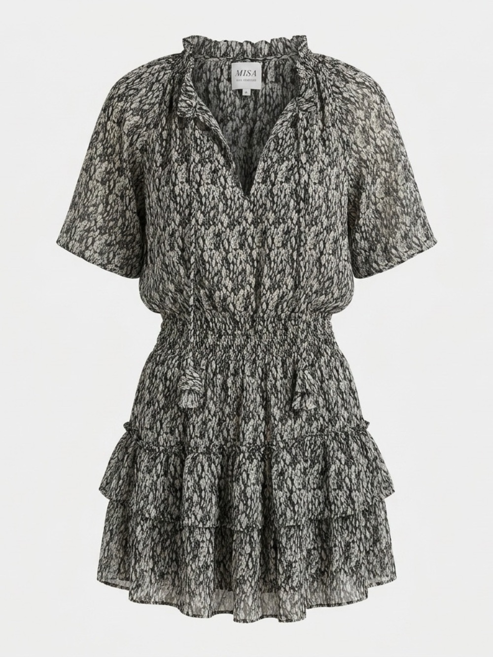 Misa Los Angeles Black & White Printed Smocked Waist Ruffle Mini Dress